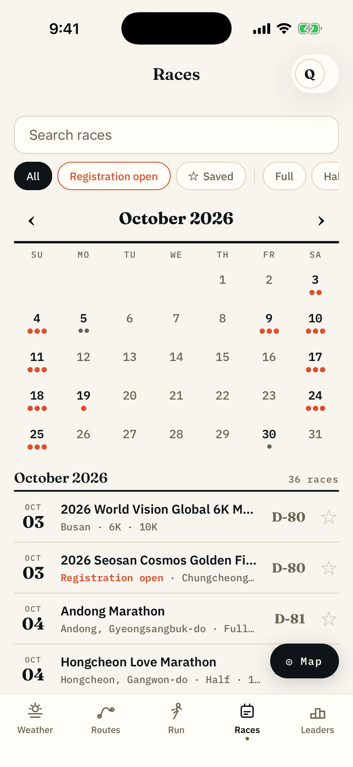 The Run With Me Seoul app race calendar showing a month of Korean races with registration status