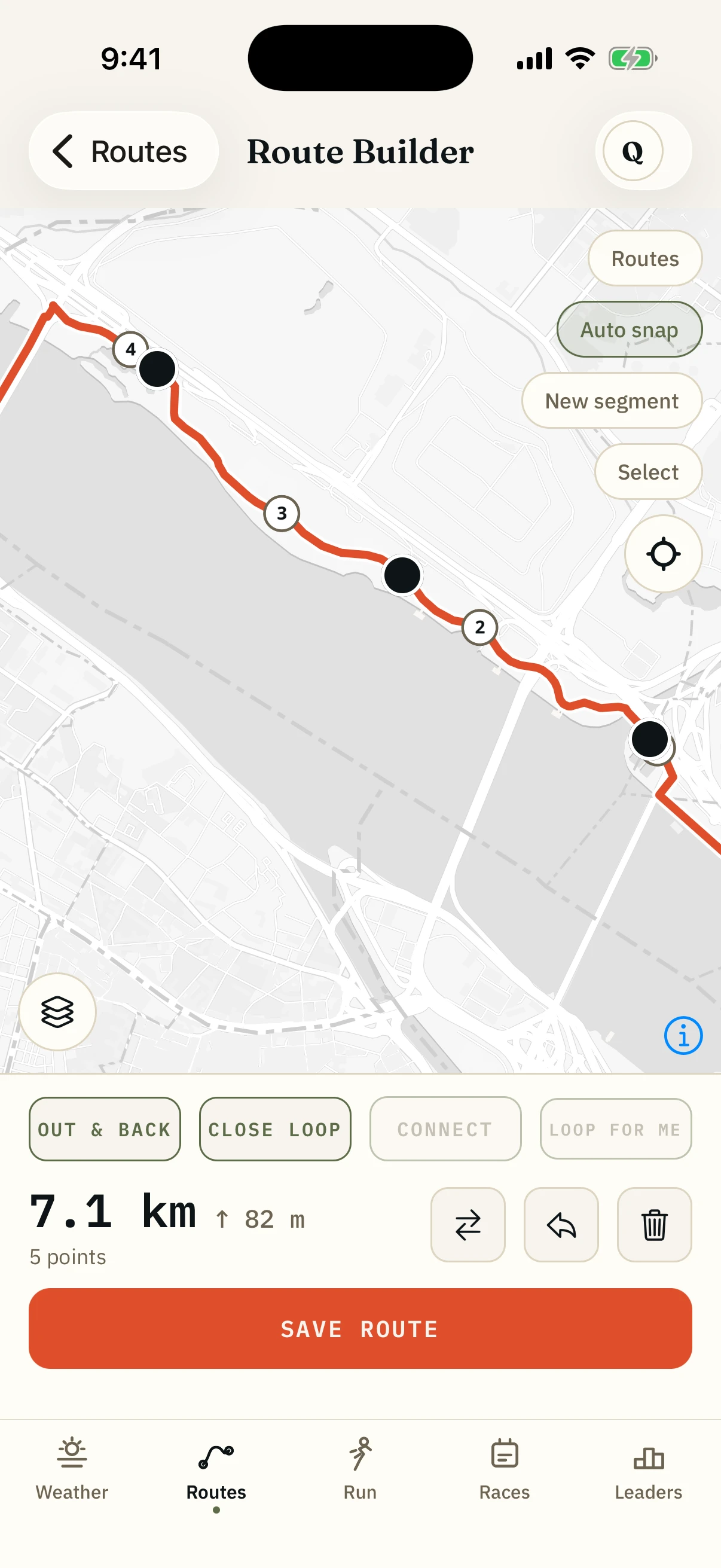 The Run With Me Seoul app route builder, a drawn line snapped to a riverside path with distance and elevation below it