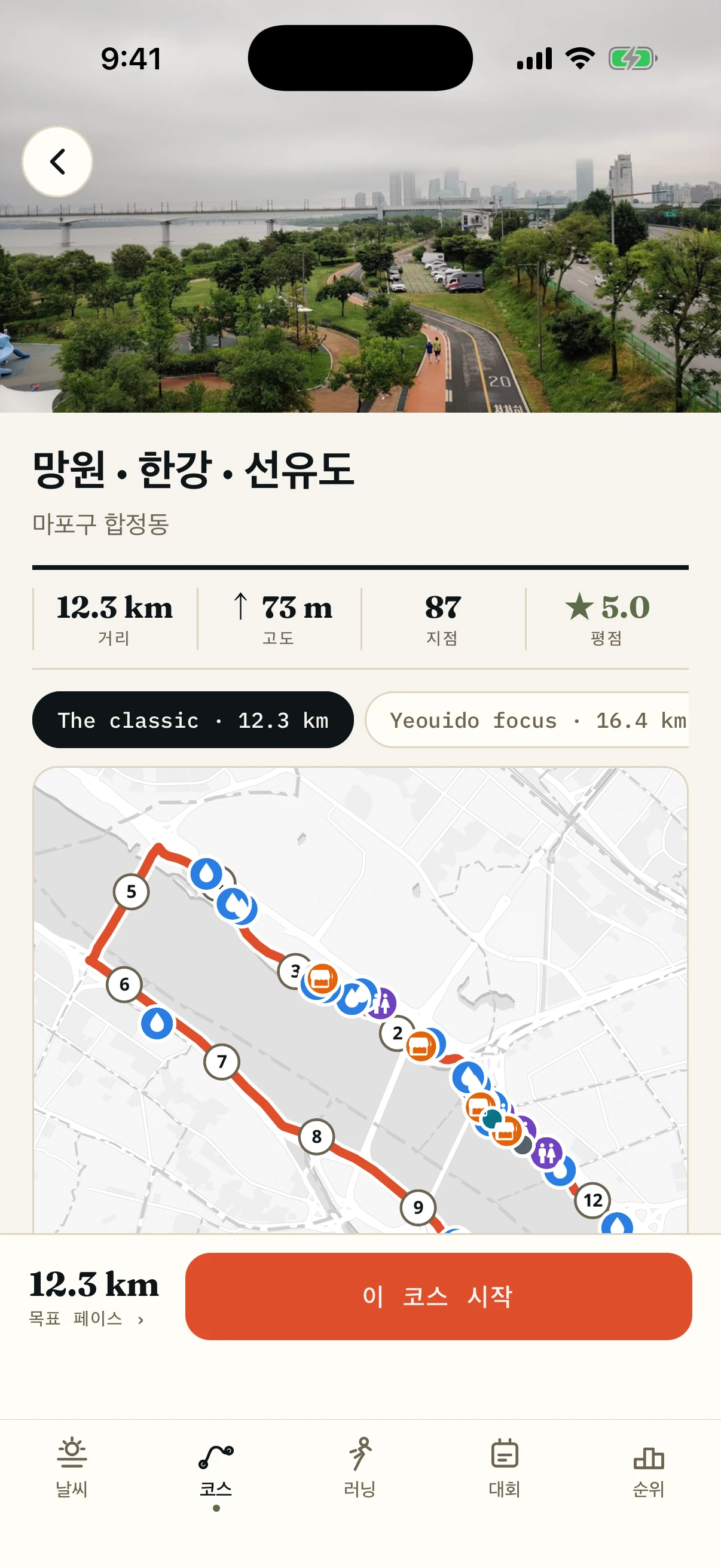 Run With Me Seoul 앱의 망원 · 한강 · 선유도 코스 화면. 코스 선을 따라 식수대와 화장실, 편의점 핀이 찍혀 있고 거리와 고도, 지점 수가 함께 표시되어 있습니다