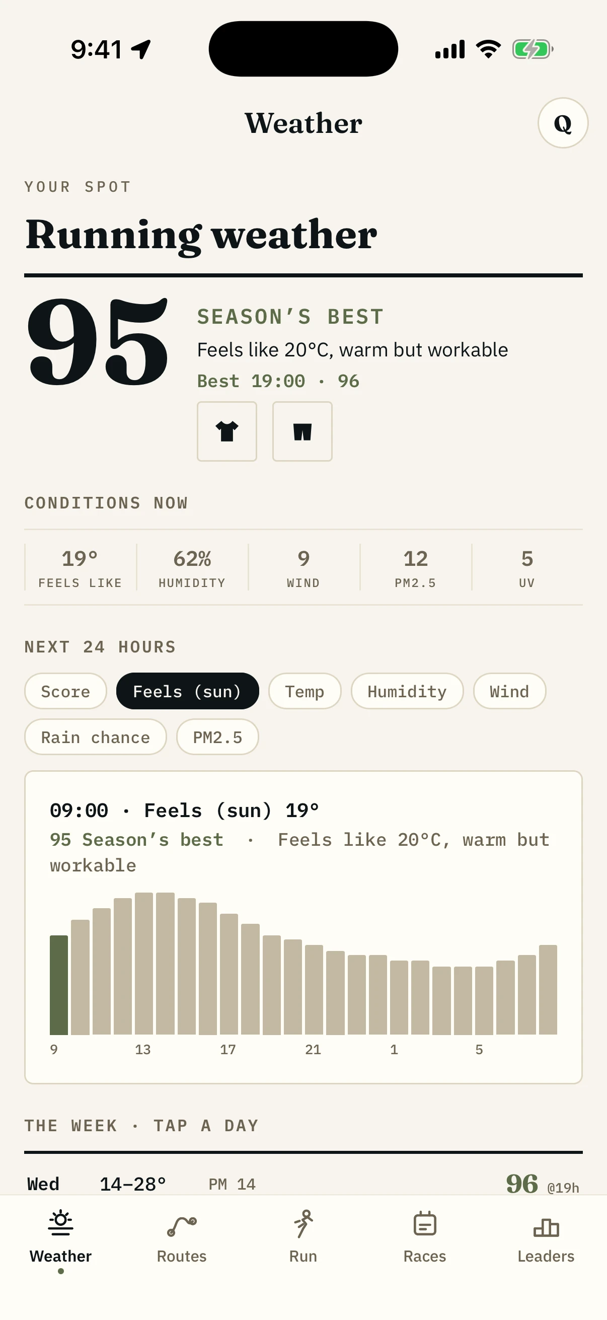 The Run With Me Seoul app running weather score, showing a score out of 100 with the conditions behind it