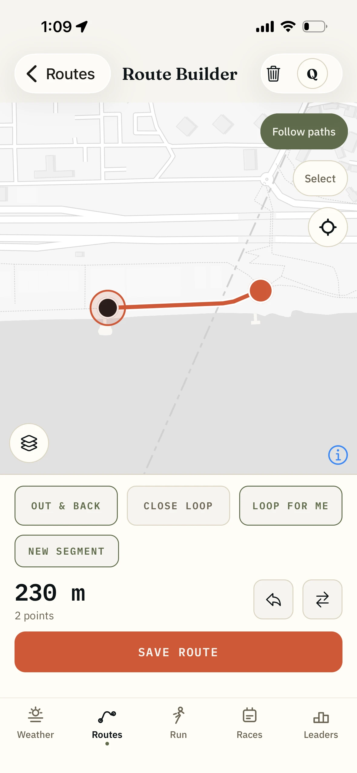The route builder with two points tapped on a Seoul map and 230 metres between them