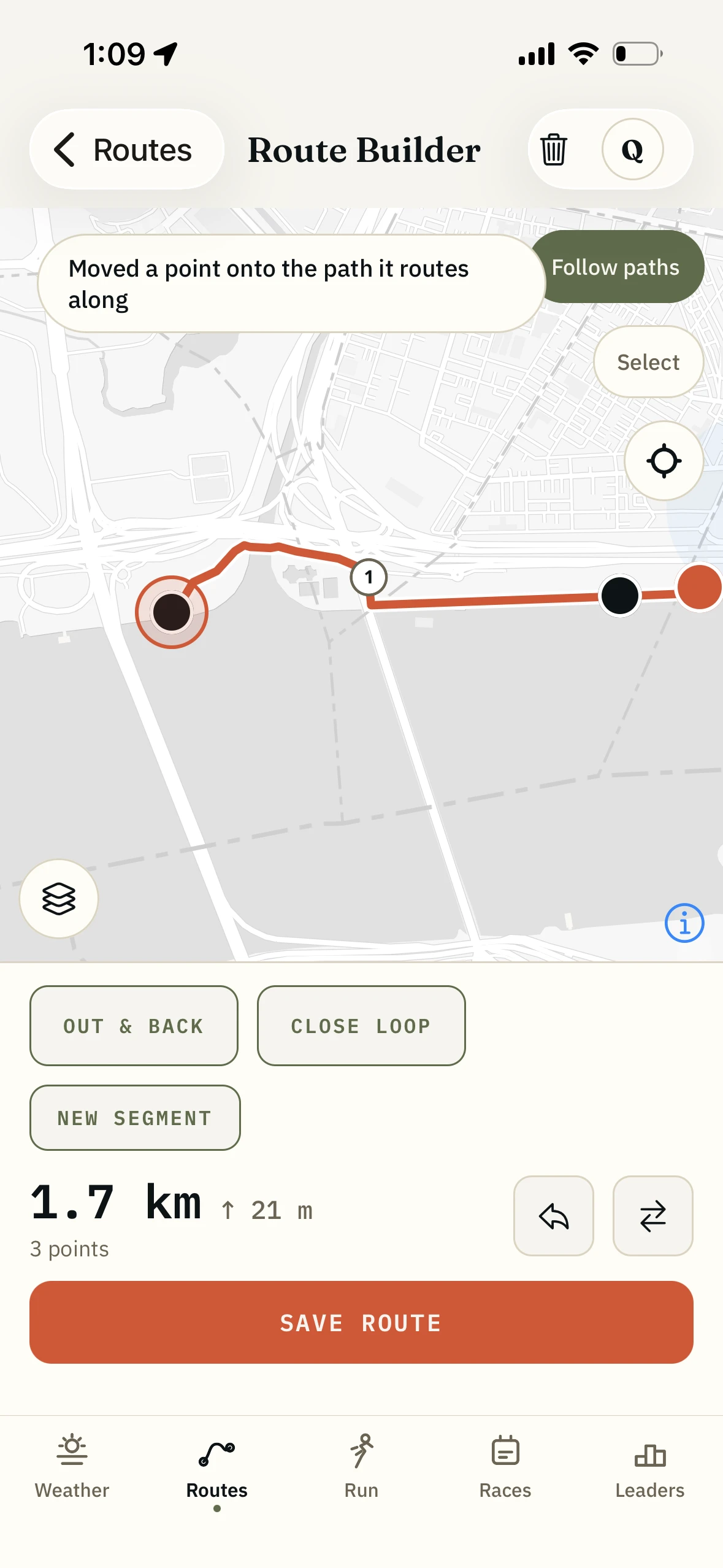 The route builder confirming that a point was moved onto the path it routes along, with the distance now reading 1.7 kilometres