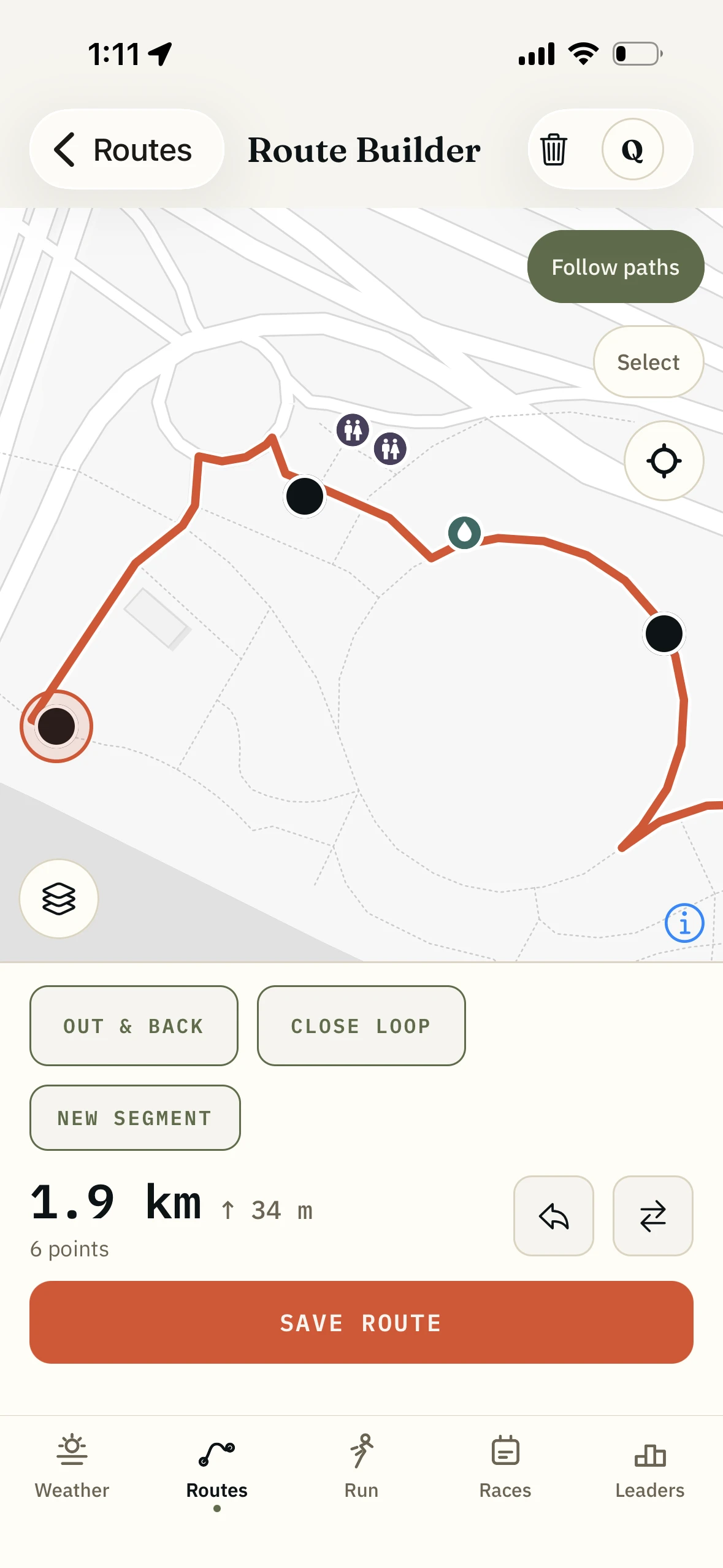 A route being drawn in the route builder, shaped to pass a water point pin with toilet pins beside it