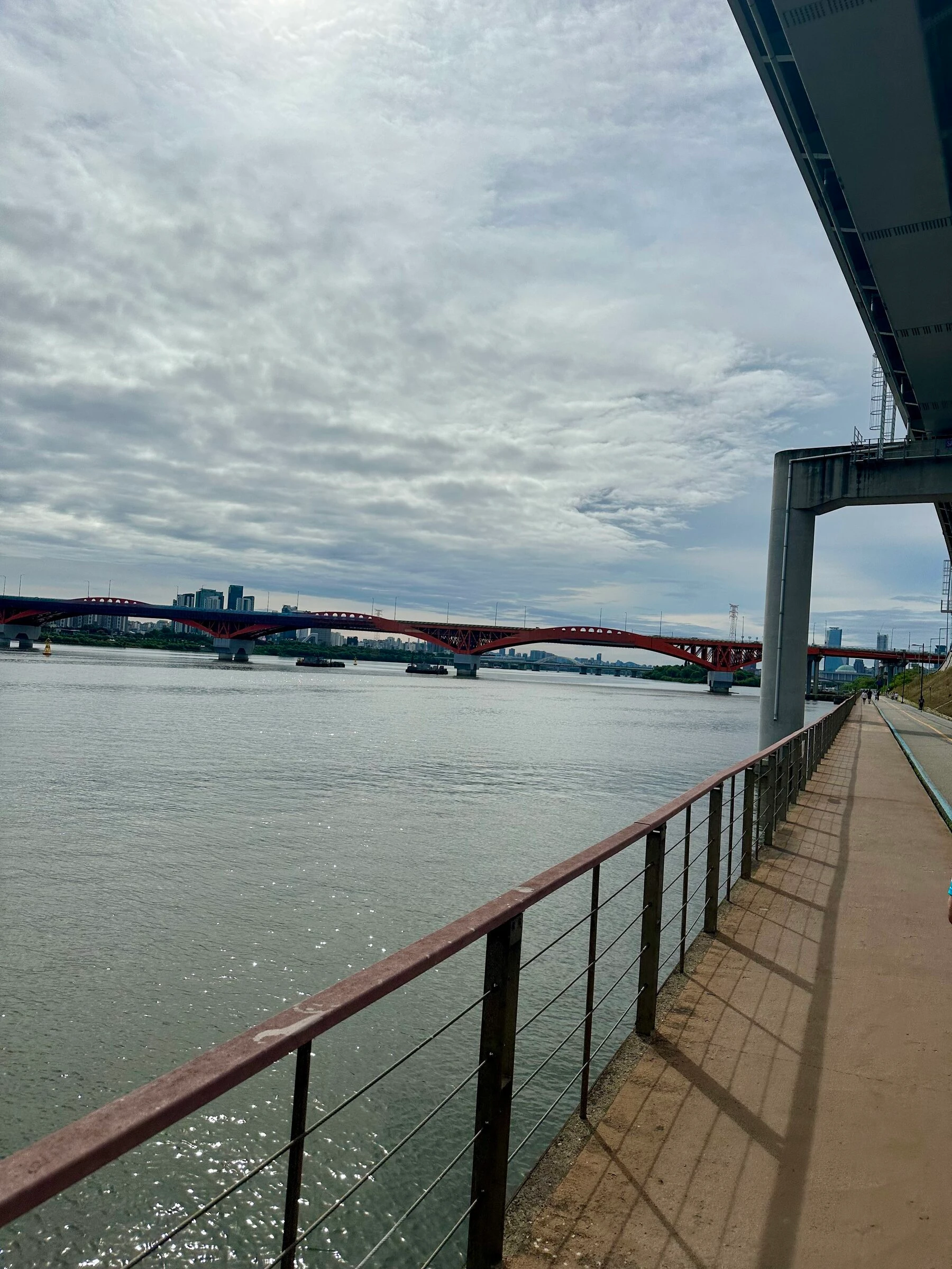 The riverside running and cycling path curving beneath the World Cup Bridge, with the red Seongsan Bridge ahead across the water.