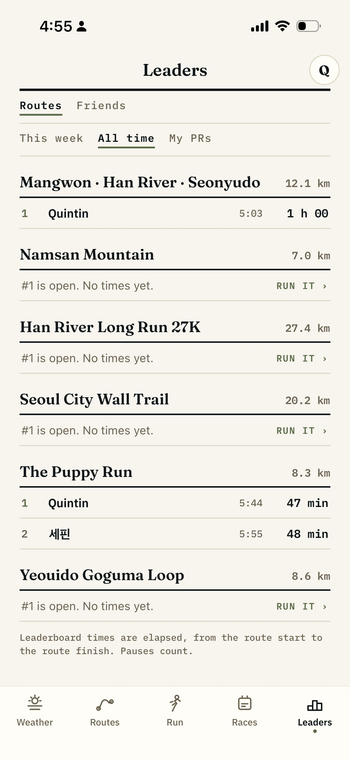 The Run With Me Seoul app leaderboard on a route: all-time and last-seven-days tabs above a table of runners ranked by time, with the runner's own runs and best pace above it