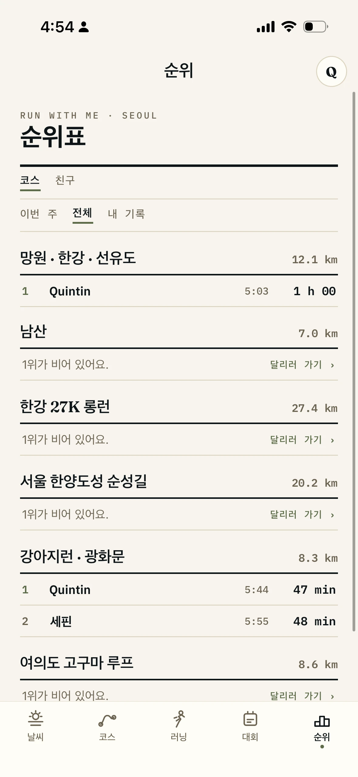 Run With Me Seoul 앱 리더보드 화면. 전체 기간과 최근 7일, 전체와 친구 탭 아래로 순위와 기록이 나열되고, 그 위에 이 코스에서의 내 러닝 횟수와 최고 페이스가 놓여 있다