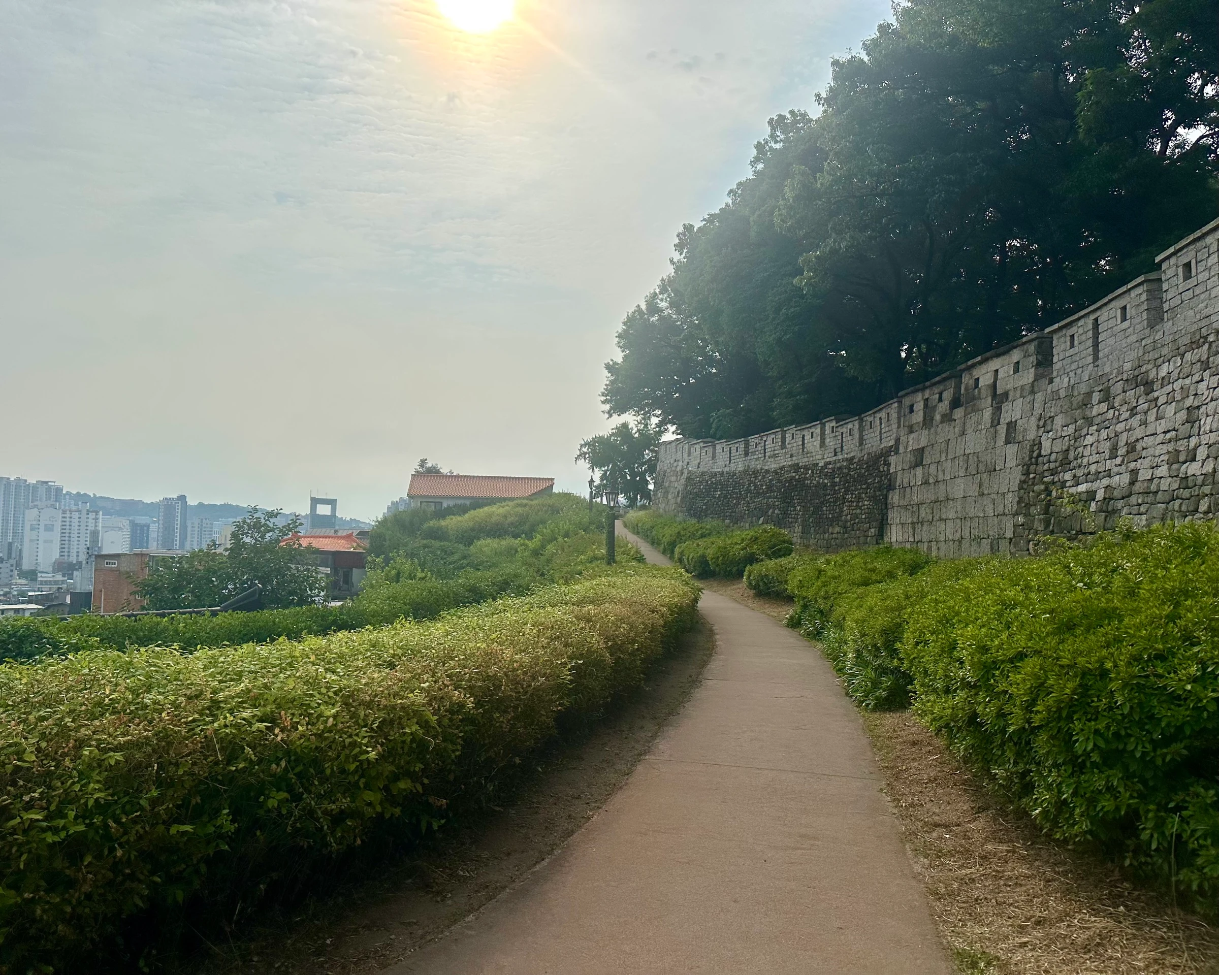 A dirt path curving between low hedges along the Naksan section of the Seoul City Wall at sunrise, the stone wall climbing to the right.