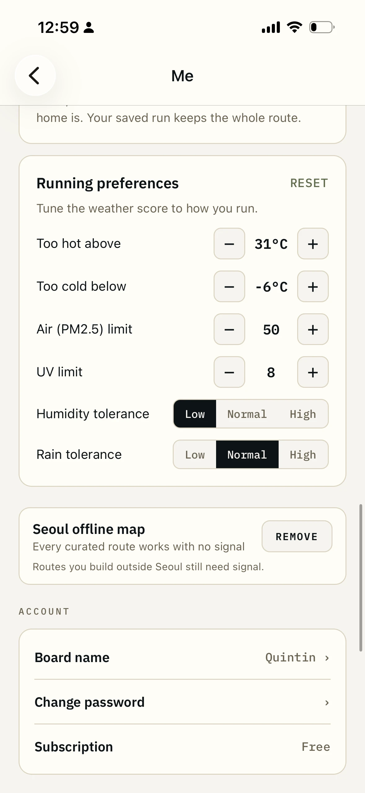 The personal tolerance settings for heat, cold, air quality, UV, humidity and rain
