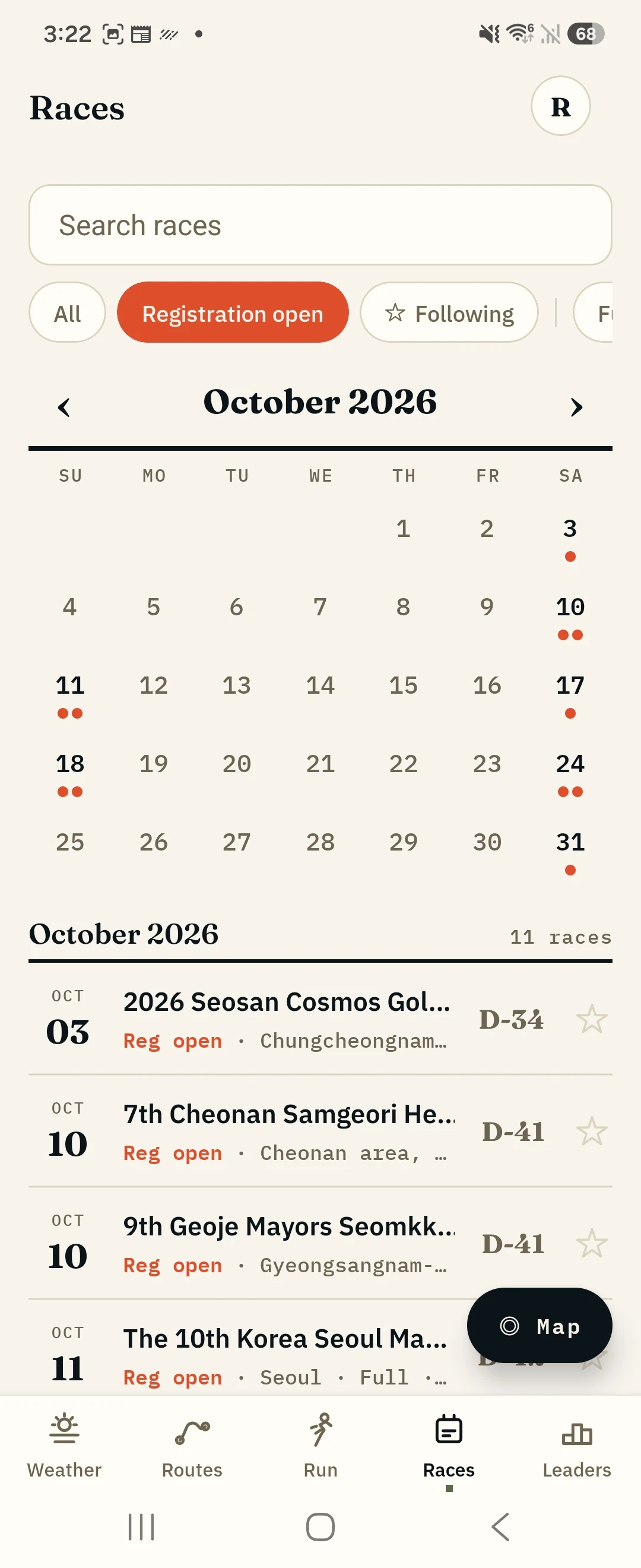 The same calendar with the Registration open filter switched on, the month's list cut from 56 races to 11, and every remaining row marked Reg open