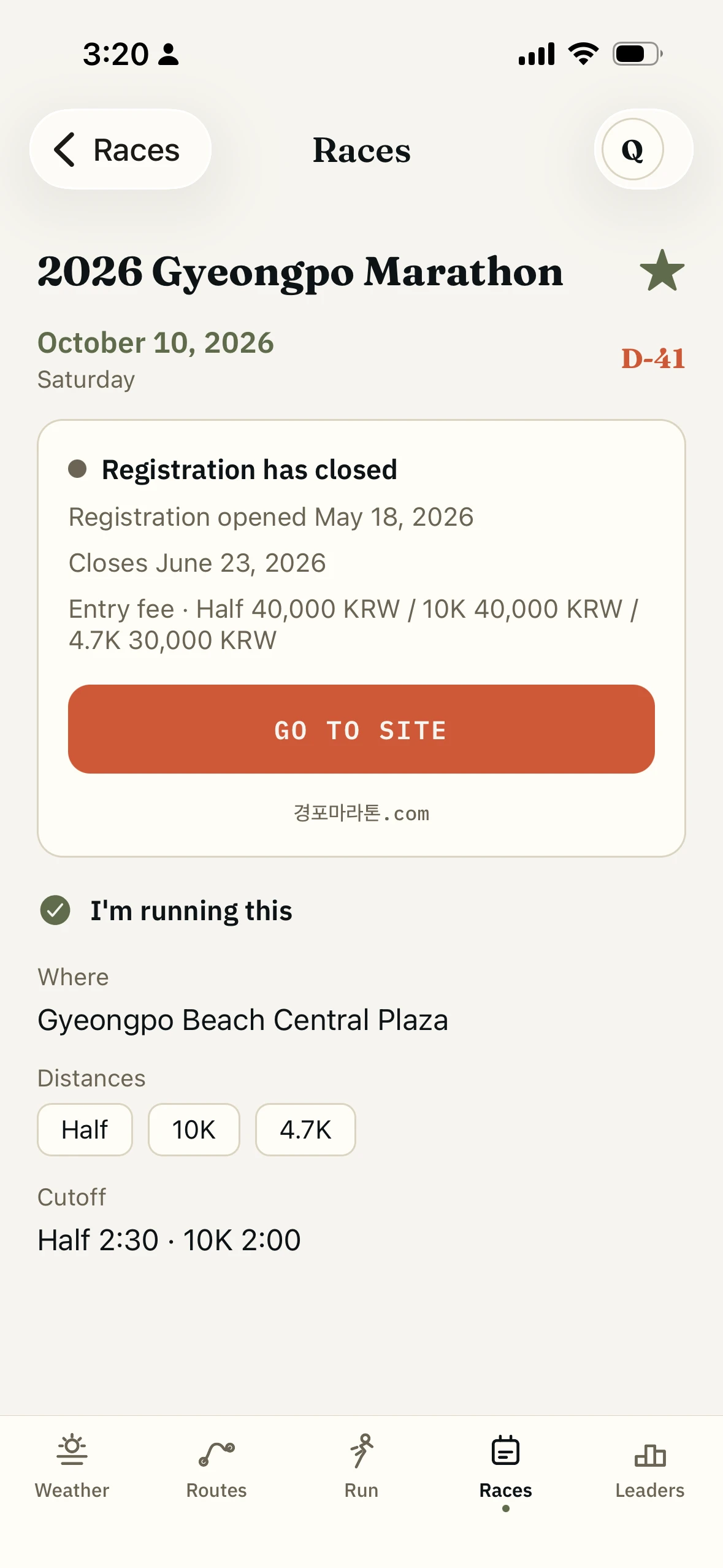 Run With Me Seoul race detail with registration state, distances, venue and countdown