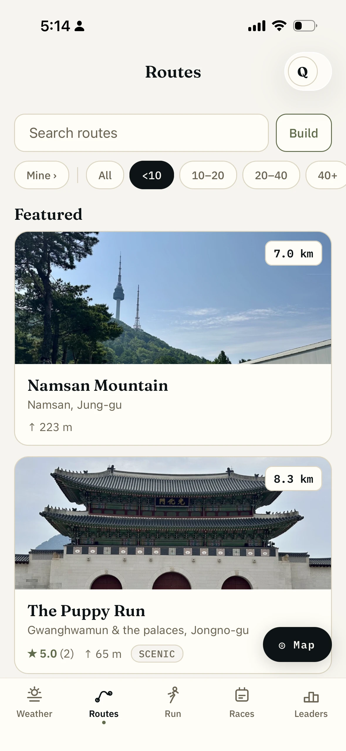Run With Me Seoul route list with Seoul route photos, distances and filters