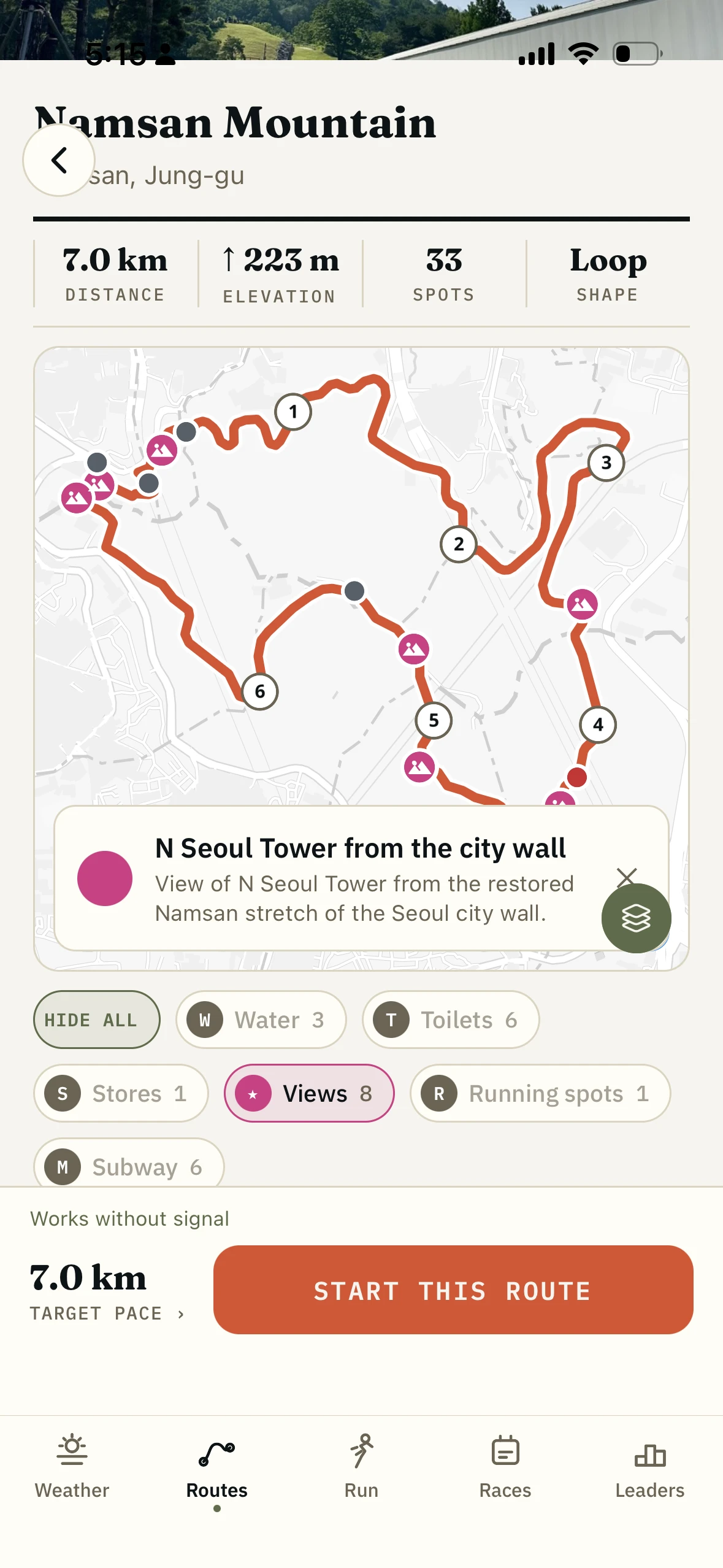A route map above its layer toggles: water 4, stores 4, views 6, running spots 2 and subway 8
