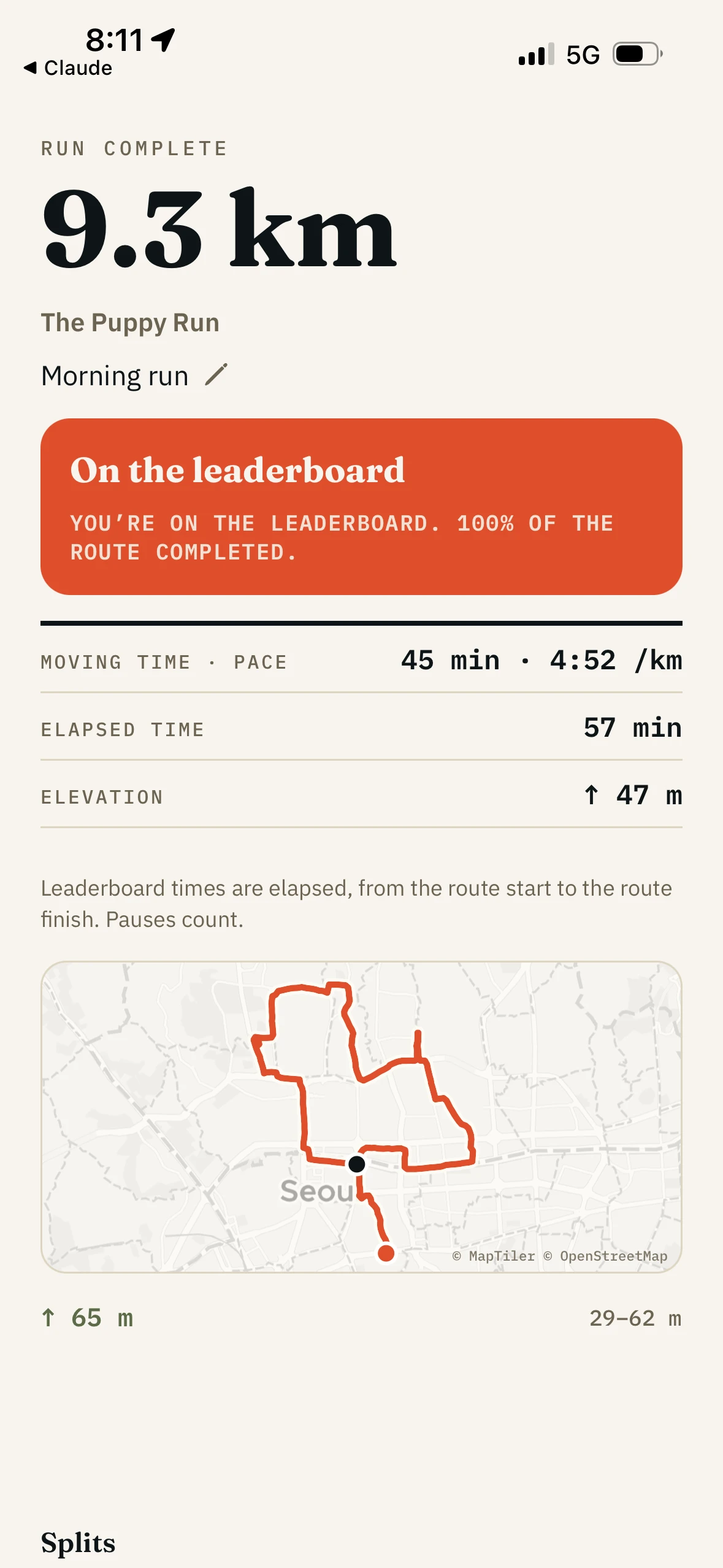 A run finish screen with the route covered 100 per cent and the run confirmed onto the leaderboard, above its moving time, elapsed time and pace