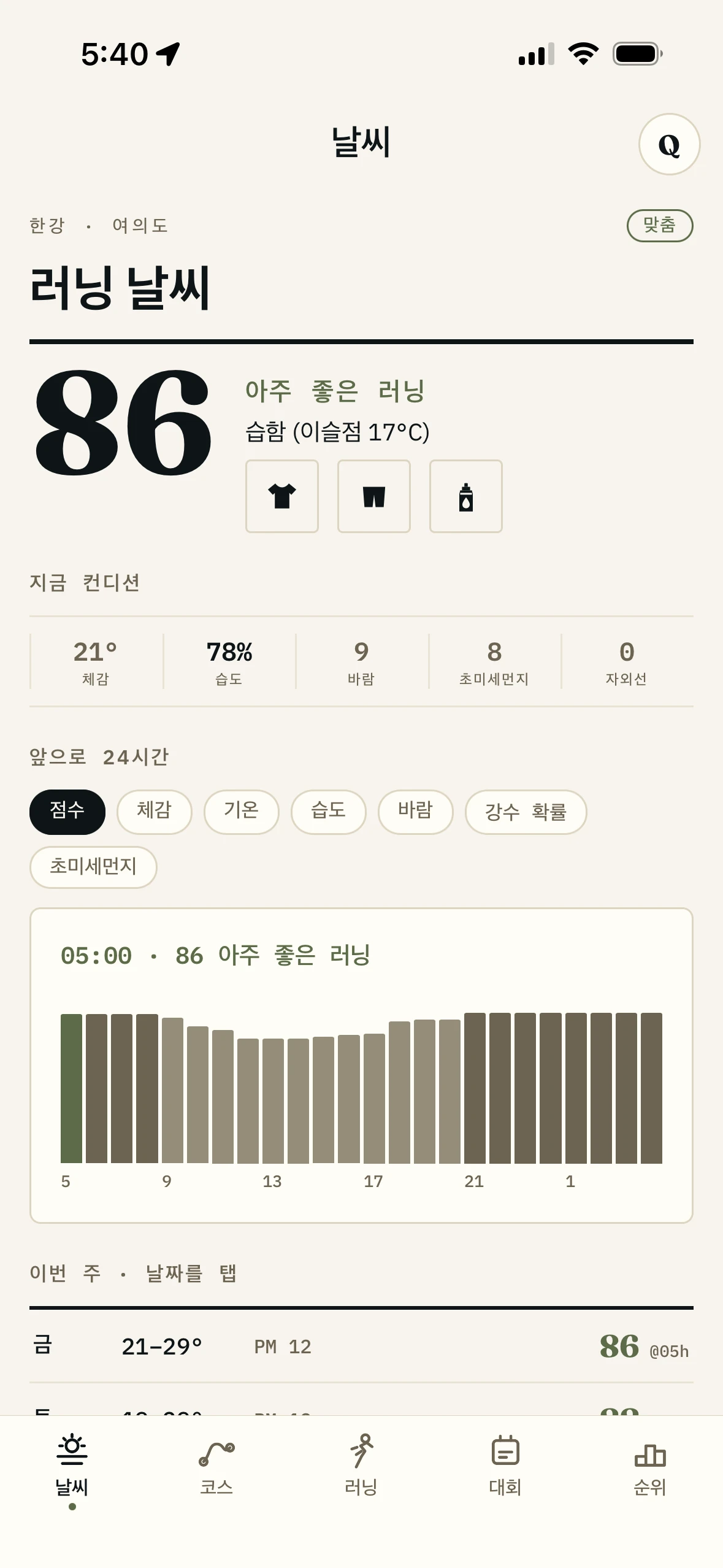 러닝 점수와 날씨 조건, 시간별 예보가 보이는 Run With Me Seoul 러닝 날씨 화면