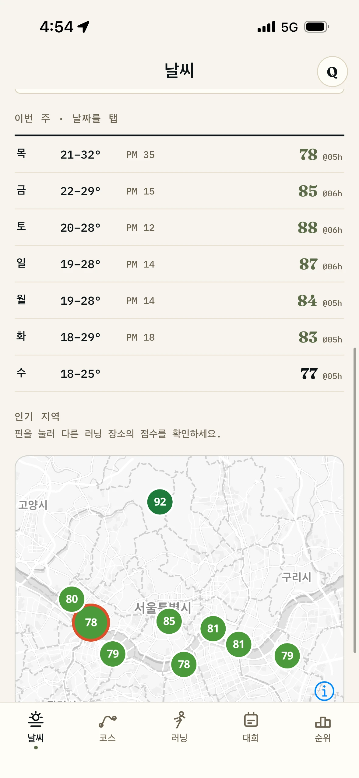 요일마다 기온과 초미세먼지, 러닝 점수와 가장 좋은 시간이 적힌 일주일 목록, 그 아래 서울 지역별 점수 지도